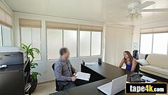 gorgeous submissive brunette teen bent over desk in office for sex to secure loan