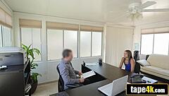 gorgeous submissive brunette teen bent over desk in office for sex to secure loan