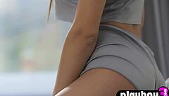 Petite teen Gloria Sol with big tits poses hot in sexy clothes and strips down!