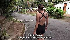 Colombian Babe with Big Natural Tits Gets Surprising Street Encounter from Muscular Guy!