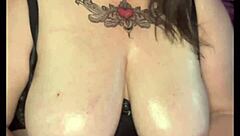 Curvy brunette Minxycme switches positions while moaning loudly with dildo thrusting for squirting orgasm on natural tits.