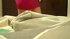 Hidden camera catches Spanish nympho stepsister with pink pussy in miniskirt upskirt moment.