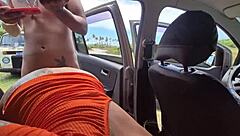 specific details of amateur latina pornstar in interracial threesome group at public location