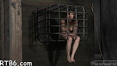 Gagged hottie gets fastened up tightly for ferocious whipping session with choking doggystyle fucking and intense blowjob action