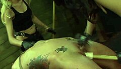 Bound subs cunt gets toyed by strapon mistress in wild lezdom 3some!