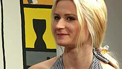 Beautiful European blonde hints at handjob and cowgirl riding in cute natural tits blowjob scene