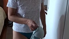 Curvy blonde housewife undresses sensually, fingering her hairy pussy while watched and jerked off to.