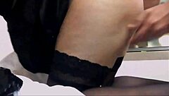 Hey, watch this blonde in white satin dress giving blowjob and rimming in stockings