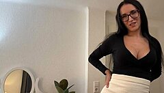 Wow, milf in boots and glasses gets huge cumshot on her face after sloppy handjob!