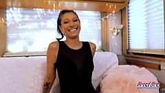 Brunette Raven Lane Masturbates Wet Shaved Pussy On Couch