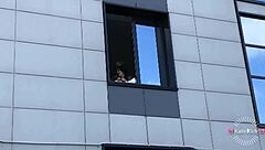 Fucking a sexy skinny petite brunette babe right in front of the neighbors