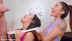 Nasty old man fucks cute teen whores in anal piss toilet threesome, rimming asshole and swallowing cum!