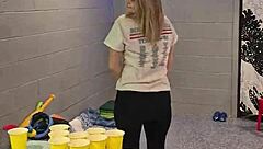 Wife strips after beer pong bet and sucks huge cock in homemade amateur blowjob