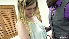 Hey, check out this shy blonde with perfect natural tits getting seduced into interracial sex by her black boss at the interview!