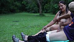 Oh wow, this voyeur woman jerks me off outdoors in public park!