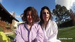 very hairy brunette amateurs hint at licking and cunilingus in steamy shower session