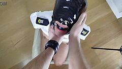 Drunk submissive Latina bitch in latex mask endures deepthroat facefucking with slapping and spitting