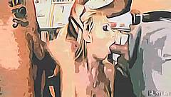 Blonde girl in group blowjob threesome with big tits!