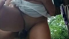 Neighbor surprises with massive cock pounding wet shaved pussy outdoors