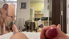 He is jerking off while she is showing outfits and helped him to cum nude