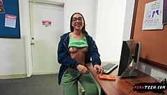 Sneaky blowjob under the classroom table with teen riding cowgirl and deepthroat action!