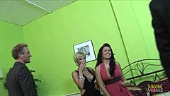 Blonde and brunette milfs swap husbands for steamy group pounding session