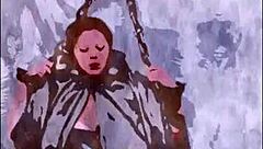 Why is this huge tits milf chained up in a crazy rough parody session?