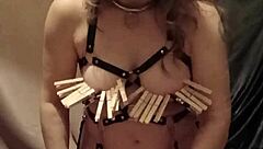 Bondage milf in leather harness and mouth spreader for solo bdsm masturbation
