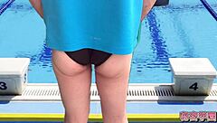 In a secretive swimming class, this crossdressing amateur strips and masturbates outdoors in a bikini until orgasm hits