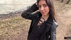 in a daring public fetish act, a girl gets cum on her face to walk through the park shocking people