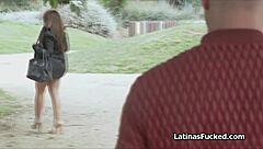 Check out this latina babe flashing pussy in public and sucking big cock.