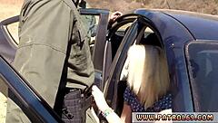 Blonde cops in uniform engage in intense outdoor threesome action with cumshots on the rubber hood.