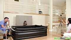 oh i feel so naughty as this big tit brunette masseuse films herself giving a wet naked nuru massage to seth gamble and gal ritchie