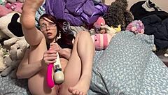 Young woman caught masturbating by man who pounds her tight pussy to creampie finish