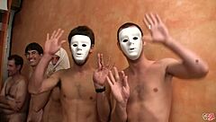 two hotties sucking cocks and swallowing cum in bukkake contrasts wild group action