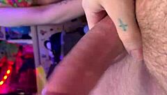 Sexy amateur gives handy handjob to monster big cock in close up