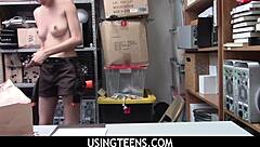 Will young thief scarlett bloom blowjob her way out of punishment at the shop?