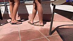 Why settle for one when two amateur girls give outdoor footjobs and wet dreams on balcony with big dick?