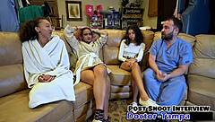 curly tanned florida woman undergoes gyno exam with gloves spreading shaved pussy in detailed pov backstage