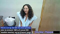 curly tanned florida woman undergoes gyno exam with gloves spreading shaved pussy in detailed pov backstage