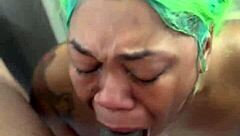 Ghetto Ebony Performs Sloppy Ball Licking and Deepthroat Blowjob with Wet Pussy Spitting in Close-Up Training