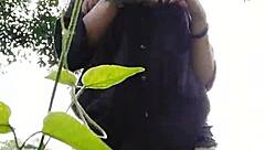 Curvy Brazilian with Pierced Nipples and Natural Tits Flashes Big Pussy Outdoors