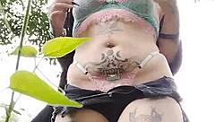 Curvy Brazilian with Pierced Nipples and Natural Tits Flashes Big Pussy Outdoors