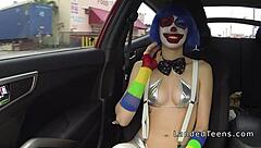 Teen in clown costume enjoys outdoor banging leading to a cumshot