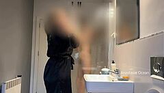 Caught husband jerking on brunette milf in bathroom and joined the voyeur action