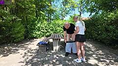 Public bareback sex with stranger ends in creampie and mouth piss at rest stop.