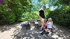 Public bareback sex with stranger ends in creampie and mouth piss at rest stop.