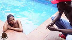 petite skinny girl takes big black cock in tight pussy after pool swim