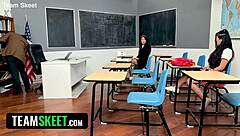 I can't resist this naughty teacher leading innocent teens in classroom lesbian scissoring and fishnets fun with a group twist