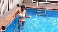 petite skinny girl takes big black cock in tight pussy after pool swim